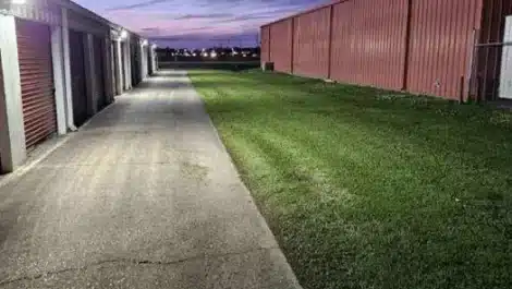 Well lit row of self storage units