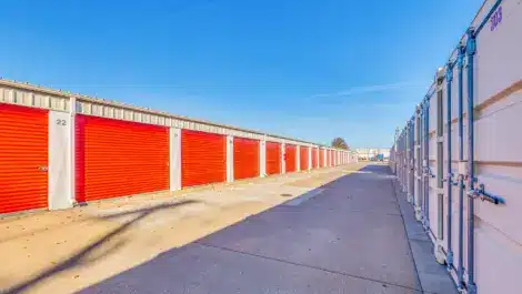 A line of storage units at the Mini Mall Storage facility Salina on 9th st